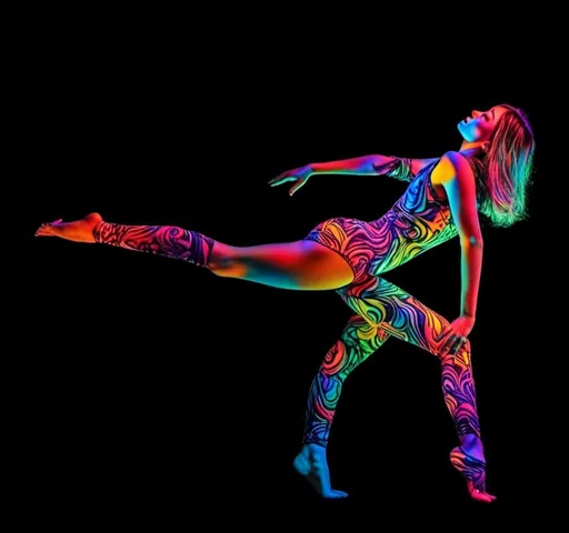 Prompt: <mymodel>Woman in swimsuit posing, psychedelic hallucinations, vibrant lights dancing, colorful patterns, high quality, digital art, psychedelic, vibrant colors, detailed pose, professional lighting