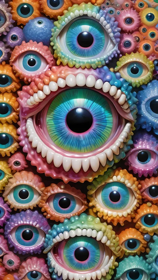 Prompt: an extremely hyper realistic ultra super textural weird trippy surreal psychedelic entity, cissoids , white, translucent, clear, bright bright pastel colors, oil slick rainbow sheen effect, lots and lots of light, lots of crazy colorful compound psychedelic human eyes, rows of human teeth, fungus, atoms, diatoms, cissoids