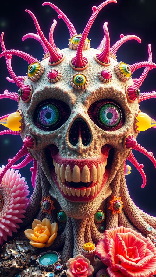 Prompt: an extremely hyper realistic ultra super textural weird trippy surreal psychedelic entity, silver, pyrite, quartz,, flourite, apatite, bright vivid pinks, greens, yellows,blues,  lots and lots of light, lots of crazy colorful compound psychedelic human eyes, rows of human teeth, human lips, tongues, lithops, succulent, quantum strings, algae, bryozoans,  Bose-Einstein Condensate, extreme high definition organic and mineral textures