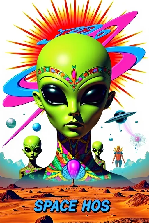 Prompt: **Space Hos - AI Art Prompt**

Create an artwork featuring the phrase "Space Hos" in a bold, sassy, girly futuristic tech font. The scene is populated by multiple striking green-skinned alien females, each exuding attitude and confidence. They are dressed in avant-garde high fashion with a futuristic edge, showcasing an array of intricate accessories that highlight their alien allure.

Each alien boasts a slightly conical-shaped bald head and large, almond-shaped black eyes, adding to their enigmatic charm. They pose with sass and poise, making a statement in the cosmic landscape.

Incorporate a vibrant UFO in the background, teeming with colorful lights that illuminate the scene. The setting is a bustling outer space landscape, complete with an alien planet, swirling asteroids, and cosmic phenomena. Alien glyphs are seamlessly integrated into the design, adding a mysterious layer.

The entire composition is busy and detailed, with every inch filled with tiny elements that captivate the viewer's attention. From the smallest star to the grandest asteroid, the scene is a masterpiece of cosmic chaos and extraterrestrial elegance.