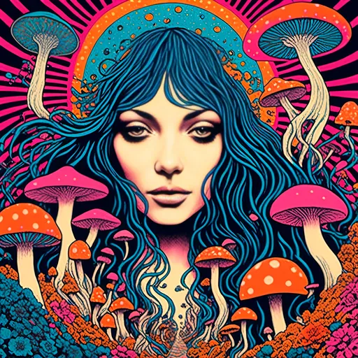 Prompt: <mymodel>Psychedelic album cover art of a girl, vibrant colors, trippy visuals, surreal mushrooms, high-quality, detailed illustration, psychedelic, poster art, vibrant colors, surreal, girl, mushrooms, trippy visuals, detailed, professional, surrealistic lighting