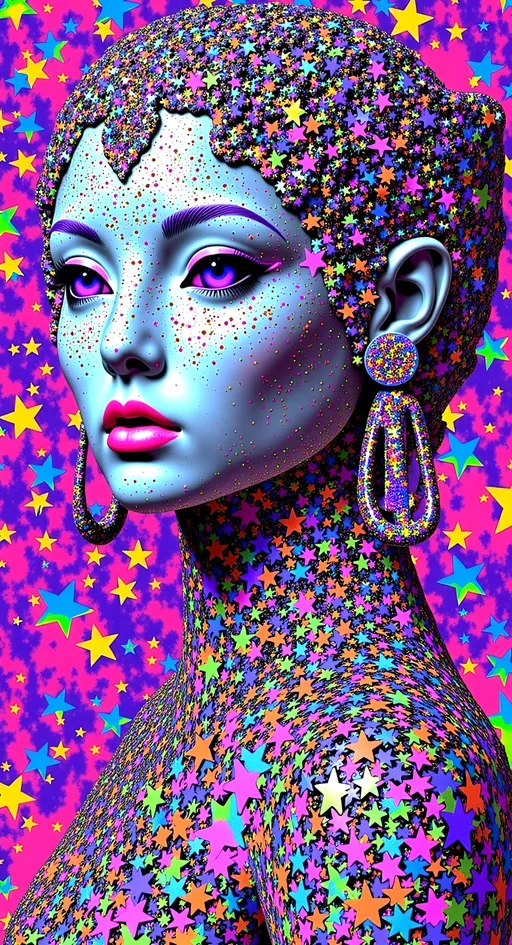 Prompt: Text - STARSEED - in a cursive hand drawn decorative art nouveau organic script style- Design 3 color a pop art nouveau t-shirt featuring a Lisa Frank-inspired 80s glam futuristic alien woman, limited to four vibrant colors. The central figure should be an alien woman with a classic 'gray' alien appearance—big pointed head and large almond-shaped solid colored dark shining eyes—styled with glamorous 80s fashion elements. Use bright, bold colors typical of Lisa Frank, incorporating metallic and neon hues to emphasize the futuristic theme. Surround her with whimsical elements like stars, planets, galaxies, and UFOs, all infused with a pop art nouveau flair. Add details such as sparkling jewelry, bold makeup, and flowing hair, reminiscent of 80s glam. The design should be eye-catching and energetic, blending the playful essence of Lisa Frank with the elegance of art nouveau, perfect for a standout t-shirt.