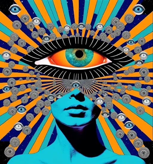 Prompt: <mymodel>,Vintage 70s psychedelic sci-fi collage, analog, cut and paste, surreal weird bizarre, woman, shrooms, psilocybin cubensis, liberty caps, magic psychedelic mushrooms, eyes, mouths, fractals, optical illusions, geometric shapes, bizarre landscapes, grainy, retro, aged, magazine cutouts, photos, drawings, psychedelic patterns, image noise, vintage, surreal, vibrant colors, fantasy, trippy lighting, detailed composition, highres, vibrant, surreal, woman with long blond very curly hair, aged, hot pink, green, orange, teal, black and white, purple