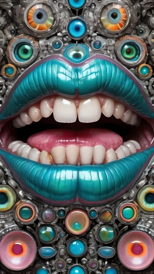 Prompt: an extremely hyper realistic ultra super textural weird trippy surreal psychedelic entity, Cardioid Curves, ,,, translucent, pearlescent finish, silver, pyrite, quartz,, clear, bright vivid teals, blues, pinks/yellows/greens, black charcoal, lots and lots of light, lots of crazy colorful compound psychedelic human eyes, human lips, tongues, rows of human teeth, fungus,  atoms, diatoms,, Cardioid Curves