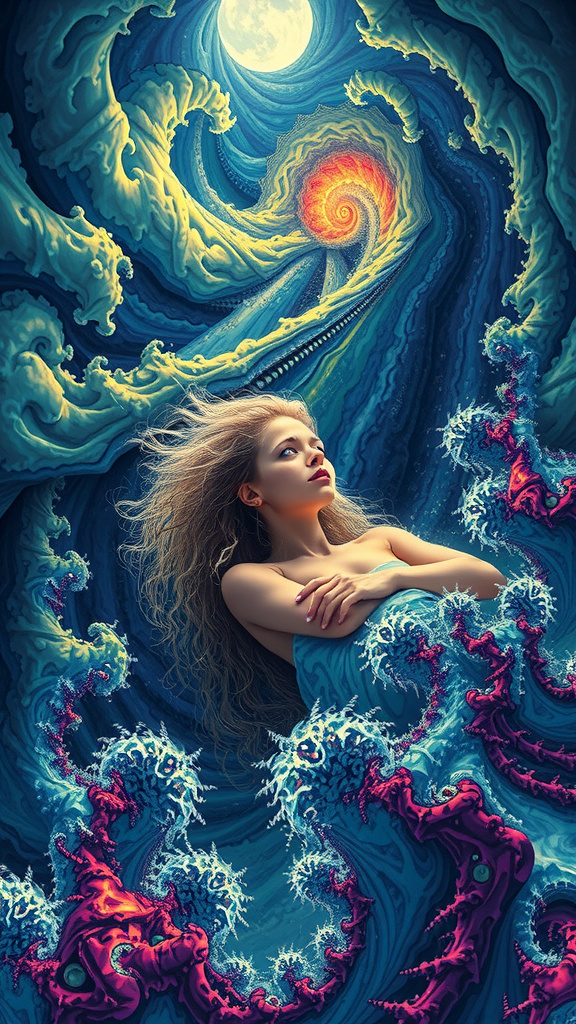 Prompt: A psychedelic ego death experience. A girl with long blond curly hair on psychedelics experiencing “ego death”, hallucinating herself in a fractal “storm”- angry fractals form clouds, wind and rain, whipping, beating the girl mercilessly until she blacks out and finds herself, drowning in an infinite swirling subterranean underground angry chaotic roiling ocean of pure fractals geometry.  melting into and becoming fractals- She melts, and becomes one with the ocean, becoming fractals herself and experiencing being one with everything in the universe, seeing it all from every point of view, before forming into human again over and over. Fractal geometry ocean, waves, currents, riptide, flowing, churning, underground cave, she is lying in bed the whole time 