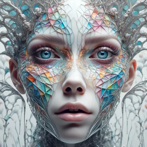 Prompt: <mymodel> Extremely hyperrealistic psychedelic geometric creature, multidimensional geometry, geometric shape, translucent, silver, white, bright pastel colors, fractals, ultra textural, creature, monster, entity, face/body/mouth, eyes