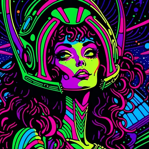 Prompt: <mymodel>Vintage 70s black light poster illustration of a green-skinned retro alien female, long curly hair, futuristic alien fashions, alien makeup, rockabilly pinup style, vibrant neon colors, psychedelic patterns, detailed hair and outfit, high-quality, retro, black light, vibrant colors, psychedelic, 70s style, pin-up, alien fashion, detailed illustration, professional, atmospheric lighting