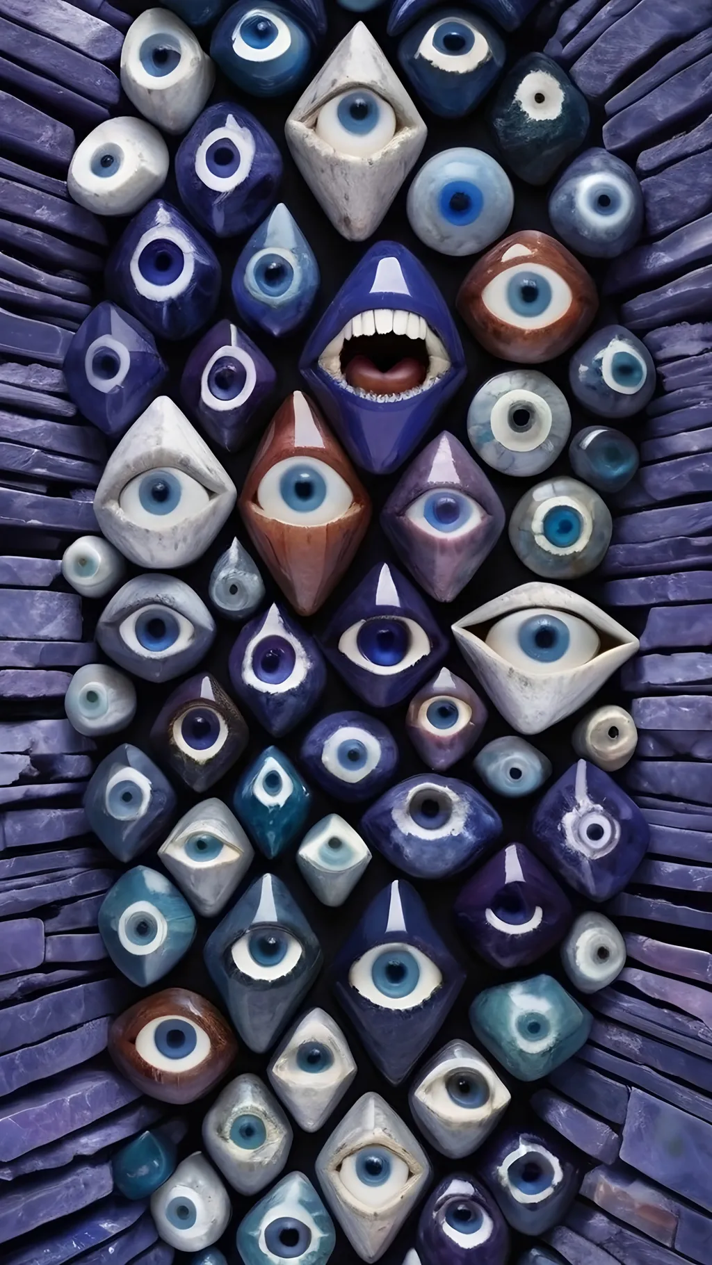 Prompt: Create an extremely hyper-realistic, ultra super textural, weird, trippy, surreal, psychedelic eyes/teeth/mouth pattern/design based on “Hemitrichia serpula” & “op art tiling” with lots of human eyes (crazy colorful compound psychedelic), rows of human teeth, human lips, and tongues. 

- **Colors**: determined by the natural properties and expressions of the elements (& their isotopes), raw rough minerals, and metals: Nickel (Ni), Tanzanite, Feldspar, Pectolite, Lazurite,  Indicolite, “Hemitrichia serpula”

**Shapes and forms**
- “Hemitrichia serpula”
-other shapes determined by the natural properties and expressions of the elements (& their isotopes), raw rough minerals, metals, and biological organisms: Fluorite, Nickel (Ni), Tanzanite, Feldspar, Pectolite, Lazurite, Indicolite

- **Textures**: Derived from any/all elements (& their isotopes), minerals, metals, crystals, organic things mentioned in this prompt: “Hemitrichia serpula”, Fluorite, Nickel (Ni), Tanzanite, Feldspar, Pectolite, Lazurite, Indicolite

**Composition and Layout**:
- a pattern/design based on the “Hemitrichia serpula”

**Lighting**
- lots and lots of bright shining reflective light


**Detail and Atmosphere**:
- Extreme hyperrealistic sharp high detail high definition organic and mineral textures
- Psychedelic, weird, odd, surreal atmosphere
- Frozen in time

**Additional Elements**:
- extra rows of teeth, lips, many eyes, “Hemitrichia serpula”, Aventurescence, Chatoyancy
