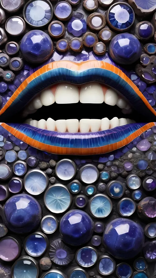 Prompt: Create an extremely hyper-realistic, ultra super textural, weird, trippy, surreal, psychedelic eyes/teeth/mouth pattern/design based on “Hemitrichia serpula” & “op art tiling” with lots of human eyes (crazy colorful compound psychedelic), rows of human teeth, human lips, and tongues. 

- **Colors**: determined by the natural properties and expressions of the elements (& their isotopes), raw rough minerals, and metals: Nickel (Ni), Tanzanite, Feldspar, Pectolite, Lazurite,  Indicolite, “Hemitrichia serpula”

**Shapes and forms**
- “Hemitrichia serpula”
-other shapes determined by the natural properties and expressions of the elements (& their isotopes), raw rough minerals, metals, and biological organisms: Fluorite, Nickel (Ni), Tanzanite, Feldspar, Pectolite, Lazurite, Indicolite

- **Textures**: Derived from any/all elements (& their isotopes), minerals, metals, crystals, organic things mentioned in this prompt: “Hemitrichia serpula”, Fluorite, Nickel (Ni), Tanzanite, Feldspar, Pectolite, Lazurite, Indicolite

**Composition and Layout**:
- a pattern/design based on the “Hemitrichia serpula”

**Lighting**
- lots and lots of bright shining reflective light


**Detail and Atmosphere**:
- Extreme hyperrealistic sharp high detail high definition organic and mineral textures
- Psychedelic, weird, odd, surreal atmosphere
- Frozen in time

**Additional Elements**:
- extra rows of teeth, lips, many eyes, “Hemitrichia serpula”, Aventurescence, Chatoyancy
