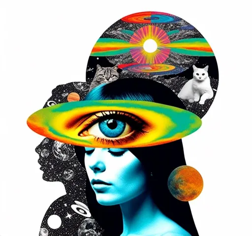 Prompt: <mymodel>Psychedelic collage of a woman, spliced and edited with psychedelic planets, cats, and UFOs, a psychedelic open third eye, incorporating paint, enamel, and found objects, black and white optical illusions, high quality, surreal, vibrant colors, trippy, psychedelic, detailed collage, cosmic theme, colorful lighting surreal collage