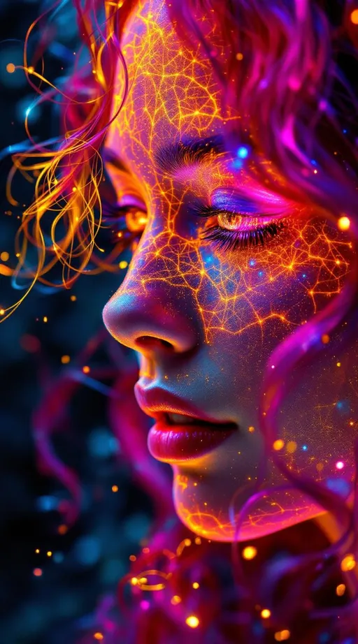 Prompt: Her face is a modular masterpiece—cheekbones traced with the shimmer of moonshine symmetry, every angle tuned to a hidden harmonic. Newton fractal veins glow faintly beneath translucent skin, shifting in color with each emotion. Her eyes burn with prime number fire, irises tiled in Penrose symmetry, blinking with curved light logic. Laughter echoes in Hilbert paths across her cheeks—space-filling joy spirals, soft and bright. Hair spills around her in radiant pink curls, styled by quasiperiodic forces and recursive wave equations—each strand flowing in luminous fractal tension. Geometry pulses at the hairline, recursive symbols glinting in neon mathdust. She is wrapped in hyperbolic aura-rings, layered in color-feedback like living topology, her presence refracting sacred math through joy, emotion, and colorfields.”

⸻

Visual Keywords:
Modular face symmetry, Newton glow skin, Penrose-tiled irises, Hilbert smile trails, pink recursive curls, fractal symbol halo, hyperbolic color aura, neon mathdust, prime fire eyes