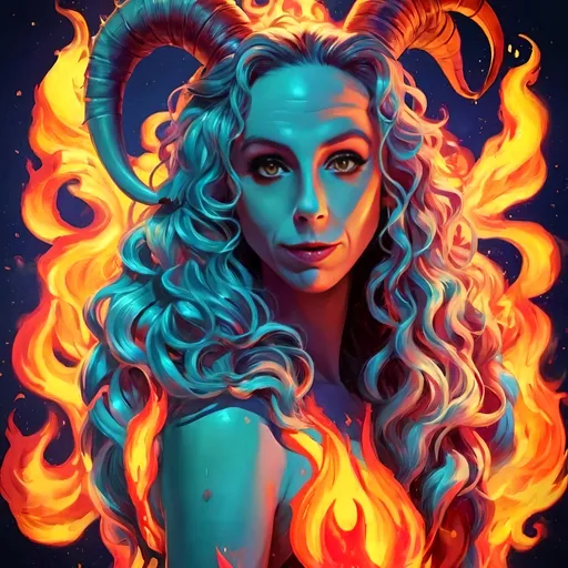 Prompt: Fiery neon kawaii poster illustration of a goat woman on fire, vibrant neon colors, long curly hair, glowing goat horns, cute goat eyes, hooves, woman-goat hybrid, poster art style, intense flames, high quality, detailed illustration, kawaii, vibrant colors, neon, fiery, goat woman, curly hair, glowing horns, poster art, intense flames, latex, vibrant lighting