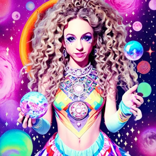 Prompt: A super hyperrealistic yet also illustrative and creative female cosmic jester, made entirely of swirling pure colored light, with long wild curly hair that appears blond but dazzles as a spectrum of hues, floats effortlessly in the heart of a kaleidoscopic nebula. Adorned in avant-garde "astral" jester's attire, her ensemble is a masterpiece of ever-shifting patterns, her definitive jester’s hat extending into infinite fractal shapes that seem to defy the laws of space. Her intricate clown makeup glows with phosphorescent neon greens, electric pinks, and ultraviolet blues, accentuating her mischievous, otherworldly charm. Around her, the stars pulse like strobes in a cosmic dance party, and she juggles shimmering orbs of liquid starlight that burst into tiny galaxies upon contact, each orb reflecting infinite multiversal possibilities. The space surrounding her vibrates with celestial harmonics, a symphony of astral wonder, while an aurora of quantum particles weaves itself into a living tapestry of harlequin diamond fractals, tiling and morphing endlessly. She sparkles and dazzles as her laughter chimes like crystalline bells, embodying the essence of cosmic whimsy and wonder, a living Möbius strip of light and joy in an infinite astral playground.