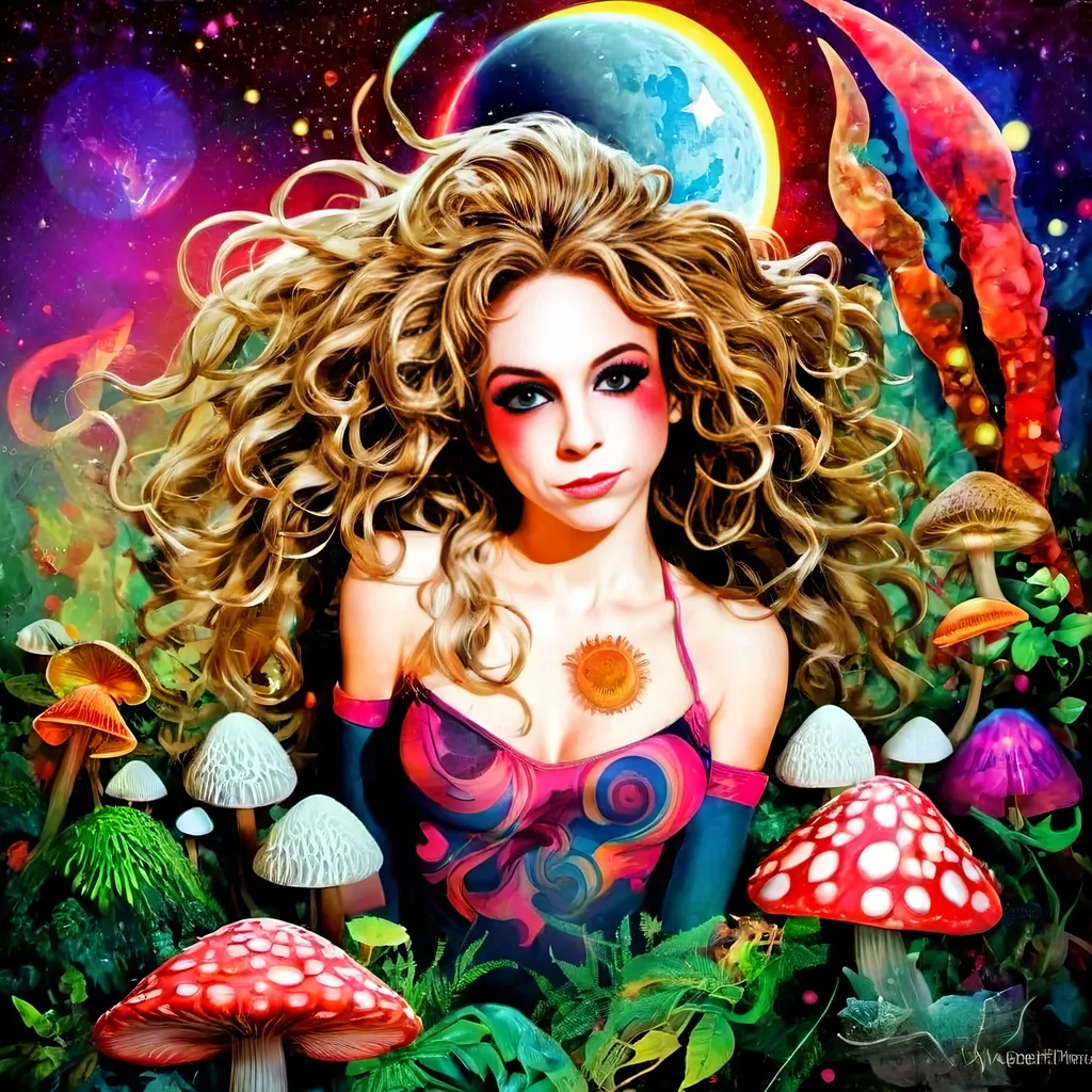 Prompt: A psychedelic trippy bright colorful vivid black light poster illustration of a girl with longish blond curly hair, with psychedelic magic mushrooms, trippy hallucinations, optical illusions and patterns, crystals, moss, forest, moon, geometry fractals