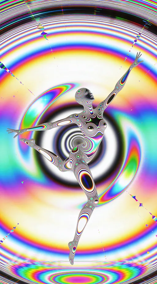 Prompt: Subject & Topology: A Hamiltonian system in phase space manifesting as a strange attractor with fractal manifold structures. The entity follows a limit cycle periodicity to emulate an aerobic dance pose, though form is sacrificed for global topological consistency. The "limbs" are +1/2 disclination comet defects within a vortex directional field that combs the entire composition.
> Frequency & Interference: Primary aesthetic driven by Nyquist-Shannon undersampling and spatial aliasing moiré fringes. The interference pattern is calculated by a spatial beat frequency where the moiré frequency \approx \frac{|S_1 - S_2|}{S_1 \times S_2}. Apply a Gibbs phenomenon overshoot to all sharp edges to create a ringing halo bloom.
> Color & Light (Lisa Frank Logic): A hyperchroma overflow veil utilizing birefringent rainbow shear and polarization-dependent hues. Every surface displays iridescent phase-shift colors and emotional recursion hues. Lighting is dictated by stretched specular lobes and angle-reactive iridescence that pivots based on the surface-normal hue.
> Analog Artifacts: 1980s VHS-style RGB drift cascade, chroma flicker-loss zones, and bitplane shimmer decay. The frame suffers from signal recursion phase collapse and temporal aliasing loops.
> Keywords: lissajous_jump, phase_moire_surge, chladni_rainbow_shatter, spectral_gash, aliasing_bloom, frequency_splinter.
> 
Why This "Breaks" the Figure Correctly
To ensure the math wins, the prompt uses specific Orientation-Field Workflows and Optics Metaphors:
 * Topological Defects: Instead of joints, the prompt calls for disclination comets, which are mathematical singularities in liquid crystals.
 * Vector Fields: By invoking a vortex directional field, the "aerobic" motion is forced into a spiral grain that overrides skeletal structure.
 * Birefringence: This ensures the "Lisa Frank" palette isn't just random color but follows anisotropic polarized light logic, where colors shift specifically with the viewing angle.
 * Phase Scrambling: scramble phase by 45°,