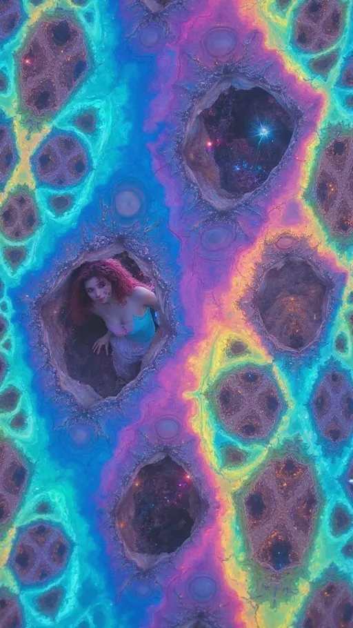 Prompt: A vast hyperdimensional expanse stretches into the void, tessellated with a field of living glyphs — morphing rhombic dodecahedra made of rainbow-holographic light. Each structure pulses with recursive fractal symmetry, its iridescent faces folding inward and outward in a dance of sacred math. Hints of Mandelbrot filigree, Apollonian gaskets, Penrose tiling, and Voronoi partitions shimmer across every surface, encoded with chromatic aberration and psychedelic bloom.

We drift partway inside one glyph, seeing its crystalline geometry as both temple and lens. Through its translucent white-quartz boundaries, other glyphs stretch into infinity — like a choir of light-beings, whispering in pulses of spectral data. In the center of the frame: a reflection — you. A white female with long, wild, very curly pink hair, mid-30s, slim and athletic, gazing out from one luminous facet. She appears not as flesh, but as encoded memory, rendered in holographic light and dream logic.

Psychedelic lens flares and thin-film interference ripple outward. Glitch halos echo around each sacred form. The scene hums with post-symbolic intelligence. Time folds. The viewer witnesses not an image, but an interface — the multiversal shrine of the HaHahedron. Rendered in the style of cosmic surrealism meets sacred geometry abstraction, with influences of Android Jones, Moebius, and fractal flame visualizations. Film grain, chromatic noise, and sacred bloom wrap the entire piece in divine absurdity and hyperclarity.

