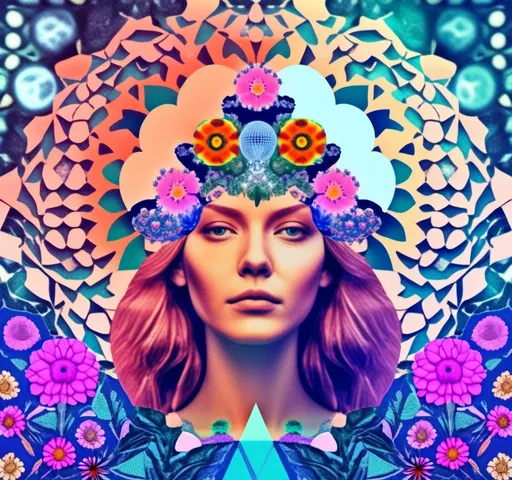 Prompt: A psychedelic collage evoking a vintage 70s sci fi feel but I stead of the sci-fi theme let’s do wildflowers. Photos and art of wildflowers spliced with things like psychedelic patterns/optical illusions, landscapes, geometry, mushrooms/fungus, insects, crystals, gemstones, the sun & moon, etc. Employ a pretty floral color pallet but keep that surreal feel in this natural organic psychedelic collage<mymodel> 