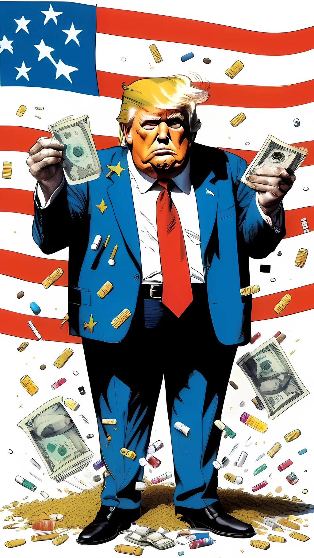 Prompt: a grotesque Ralph steadman political illustration of a fat gross disgusting vile  Donald Trump, extremely busy composition, (USA, America, Stars and Stripes, poop, tacky gold accents, hamburgers, French fries, adderall pills, Diet Coke, sharpie, bleach, money, greed, anger, rage, hate)