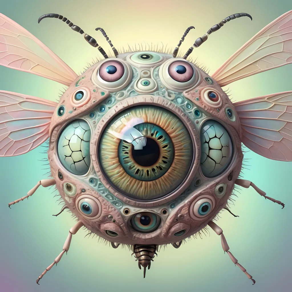 Prompt: A surreal extremely hyper realistic super textural psychedelic geometric eyeball creature with insect wings, pastel light colors,  lots of crazy trippy psychedelic human eyes, human teeth, organic and mechanical, multidimensional, weird surreal unsettling odd