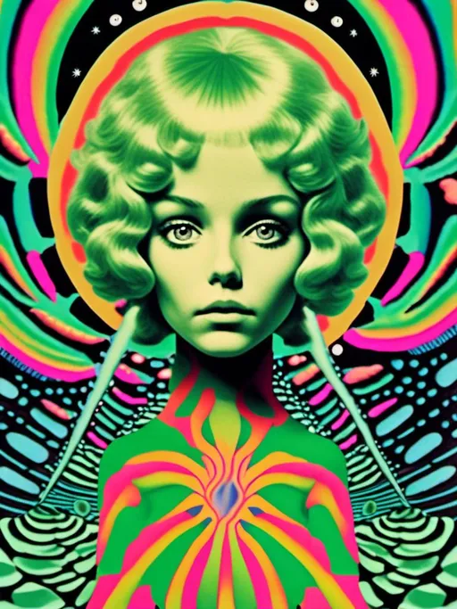 Prompt: A trippy vintage 70s psychedelic sci-fi analog cut and paste collage of a girl with long blond curly hair and UFOs, aliens, extraterrestrial little green men, alien grey, optical illusions/psychedelic patterns/alien A trippy vintage 70s psychedelic sci-fi analog cut and paste collage of a girl with long blond curly hair and UFOs, aliens, extraterrestrial little green men, alien grey, optical illusions/psychedelic patterns/alien <mymodel>psychedelic landscapes,space scenes, asteroids, ufo, greet, orange, hot pink, black, white