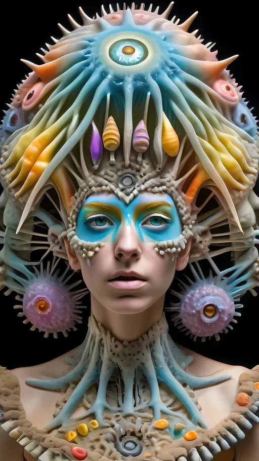 Prompt: Extremely hyperrealistic ultra textural trippy surreal beautiful but odd unsettling psychedelic creature- a psychedelic diatomaceous creature entity queen crown jewelry cape with lots of crazy psychedelic human compound eyes, rows upon rows of human teeth.  head, face, body, limbs, fungus, Mandelbrot, oil slick rainbow sheen effect, holographic, hologram, translucent, vivid colors white, tons and tons of light, bright pastel colors, Gyroid Structures. Diatoms: bacillariophyta, siliceous, valves, girdle bands, raphe, striae, puncta, areolae, costae, rimoportula, fultoportula, chloroplasts, auxospore, epitheca, hypotheca, mucilage, frustule symmetry, valve morphology, pennate diatoms, centric diatoms, motile, non-motile, biofilm, epiphytic, epilithic, epipsammic, biogenic silica, diatomaceous earth, primary producers, carbon fixation, biogeochemical cycles, diatom blooms, paleoecology, nanostructures, microalgae, environmental indicators, aquatic ecosystems. geometric, symmetrical, radial, bilateral, elongated, circular, triangular, oval, star-shaped, pennate, centric, intricate, lattice-like, perforated, silica, frustules, ornate, microscopic, diverse, varied, delicate, transparent, golden-brown, pillbox-shaped, chain-forming, solitary, colonial, planktonic, benthic,