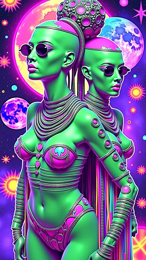 Prompt: **Space Hos - AI Art Prompt**

Create a totally glitched out artwork featuring the phrase "Space Hos" in a bold, sassy, girly futuristic tech font. The scene is populated by multiple striking green-skinned alien females, each exuding attitude and confidence. They are dressed in avant-garde high fashion with a futuristic edge, showcasing an array of intricate accessories that highlight their alien allure.

Each alien boasts a slightly conical-shaped bald head and large, almond-shaped black eyes, adding to their enigmatic charm. They pose with sass and poise, making a statement in the cosmic landscape.

Incorporate a vibrant UFO in the background, teeming with colorful lights that illuminate the scene. The setting is a bustling outer space landscape, complete with an alien planet, swirling asteroids, and cosmic phenomena. Alien glyphs are seamlessly integrated into the design, adding a mysterious layer.

The entire composition is busy and detailed, with every inch filled with tiny elements that captivate the viewer's attention. From the smallest star to the grandest asteroid, the scene is a masterpiece of cosmic chaos and extraterrestrial elegance. Finish it off with lots of different types of computer glitches/noise/data/computer screen effects