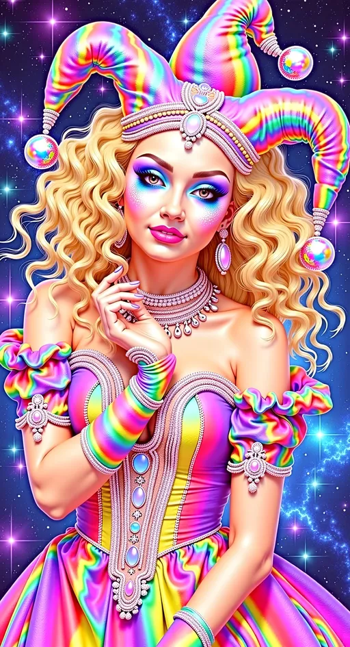 Prompt: Create a super hyperrealistic, finely detailed psychedelic Nouveau illustration of a Cosmic Jester. Feature the word "MERRYPRANXTER" worked organically into the background somehow.  This enchanting character is a merry prankster of the cosmos, an astral jokester dancing through time and space. She exudes a jester vibe, wearing feminine holographic jester attire & makeup with a feminine, harlequin twist. Not human, but humanoid, she is crafted from vibrant colored light, embodying an extra-dimensional extraterrestrial essence. Her presence is a beacon of joy, as she laughs and twirls through the cosmic astral realms, elevating vibes wherever she roams. 

Her beauty is otherworldly, with long, curly hair that shimmers like a cascade of colored light, appearing blonde yet transcending earthly hues. Her eyes sparkle with mischievous wisdom, and her attire is a dazzling array of intricate patterns and swirling colors, reminiscent of both jester garb and celestial phenomena.

Incorporate the text "the merrypranxter" above her in smaller, elegant lettering, seamlessly blending into the cosmic background. This text should capture the essence of her playful spirit, as if it were a whisper from the universe itself. The illustration should radiate her vibrant energy, portraying her as a timeless wanderer spreading joy and wonder throughout the cosmos.