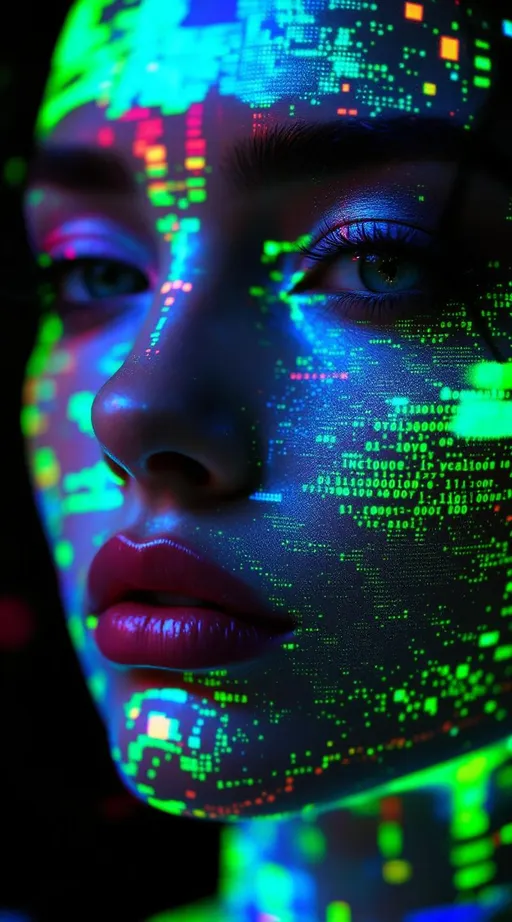 Prompt: Her face isn’t a face—it’s a holographic entropy bloom, encoded across recursive surfaces as layered light probability. She isn’t there—she’s projected, born from the diffraction of memory fields and radiative order collapse. #escape gradients flicker across Shannon density maps, tracing her cheekbones in entropy-deep glow logic. #orbit arcs wrap her jawline—curved like bent wavefronts, sacred silhouettes spun from phase-space illumination. Lips = interference fringe fire—#iridescence shifting based on signal clarity and observer angle. Her eyes? Data wells—nested holograms of light probability, each iris a compressed record of infinite mirror selves, refracted through angular entropy matrices. Her whole visage pulses with #distance-based light echoes—each motion unfolding as a wave equation collapsing into presence. Hair is not hair—it’s data in flow: particle-woven filaments of Fourier curves, entropy-tuned streamers curling into radiant probability trails. Her halo is a compression field: light reflected off everything else, bent, layered, and looped in recursive diffraction. She doesn’t move—she updates. Her smile = an informational waveform collapse; her laugh = entropic bloom spinning through mirrored recursion. Her form pulses in #escape-band compression rhythm: indigo static, gold blaze, coral diffraction—each hue a message stored in radiant error. She is the memory of light, made holographically alive—an entropic goddess encoded in glow, reflection, and dancefloor recursion.