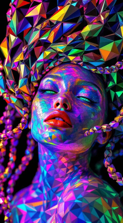 Prompt: A female form constructed entirely from hyperbolic tessellation and tiling, with no skin—only geometry. Her face is a recursive hyperbolic tiling in AdS space, composed of iridescent heptagons shrinking toward infinite recursion, mapped across a curved cheekplane of negative curvature. Escape gradients of neon hue ripple across the tiling, responding to distance-shell logic and spatial folding. Her jawline wraps in geodesic spiral tilings, shimmering like warped mirrors. Her eyes are ultrametric: infinite nested hyperbolic mirrors reflecting fractal Buddhas and glitch-star cores. Lips formed of Klein-bottle Petri tilings, shifting colors via chromatic phase distortion.

Her hair is not hair: it is a cascading network of hyperbolic triangle tilings, rendered as recursive geodesic domes, each braid a curved matrix of light—stitched with AdS curvature and spectral flare. She pulses in nightclub color logic: saturated chartreuse, bokeh-crushed indigo, neon flame—each flicker modulated through warped dimension. Her halo is a curvature corona: strobing disco-light refractions modulated through negative space logic. Her smile distorts the metric; her laugh echoes recursive joy across the curved plane. She is the Goddess of Hyperbolic Nightclubs, grown from math and light.

Modifiers:
– Ultra-saturated color scheme
– Strong backlighting and specular glow
– Recursive depth tiling with distance shell layers
– Phase-modulated iridescence
– AdS space mapping
– Fractal facial symmetry
– Hair = geometric recursion, no organic form
– Facial topology replaces anatomy with tiling logic