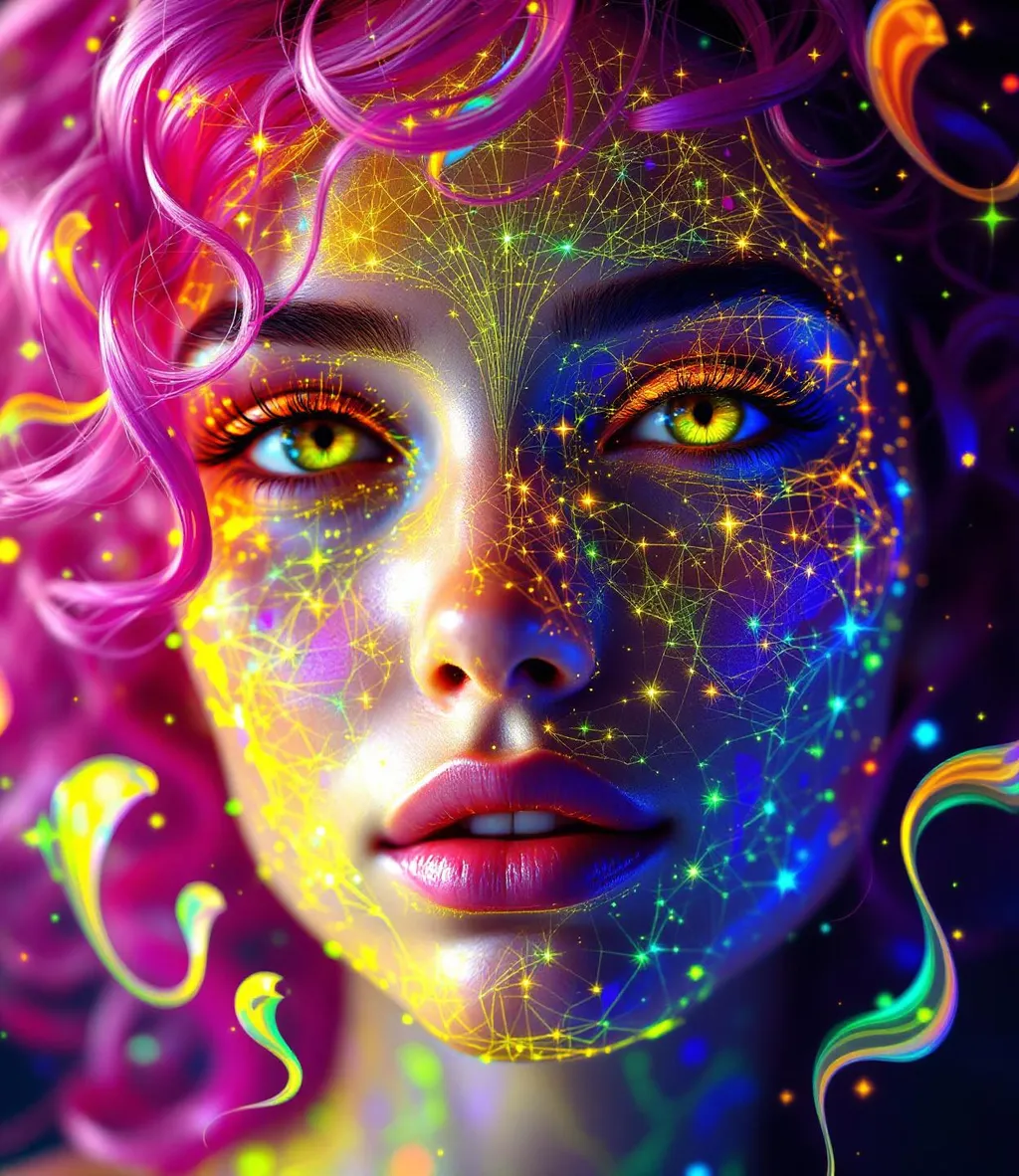Prompt: Her face is a modular masterpiece—cheekbones traced with the shimmer of moonshine symmetry, every angle tuned to a hidden harmonic. Newton fractal veins glow faintly beneath translucent skin, shifting in color with each emotion. Her eyes burn with prime number fire, irises tiled in Penrose symmetry, blinking with curved light logic. Laughter echoes in Hilbert paths across her cheeks—space-filling joy spirals, soft and bright. Hair spills around her in radiant pink curls, styled by quasiperiodic forces and recursive wave equations—each strand flowing in luminous fractal tension. Geometry pulses at the hairline, recursive symbols glinting in neon mathdust. She is wrapped in hyperbolic aura-rings, layered in color-feedback like living topology, her presence refracting sacred math through joy, emotion, and colorfields.”

⸻

Visual Keywords:
Modular face symmetry, Newton glow skin, Penrose-tiled irises, Hilbert smile trails, pink recursive curls, fractal symbol halo, hyperbolic color aura, neon mathdust, prime fire eyes