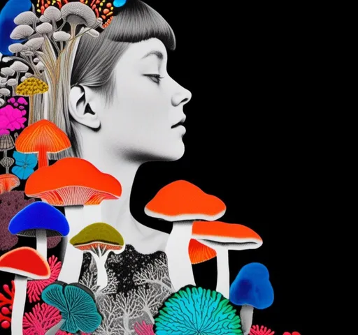 Prompt: A mixed media collage of a black and white photograph of a young woman growing all kinds of colorful multimedia psychedelic mushrooms and fungus out of her body (incorporate things like- but are not limited to - vibrant paints, enamels, glitters, metallic foils, newspaper and magazine cut paper, paint spatter, etc)<mymodel>