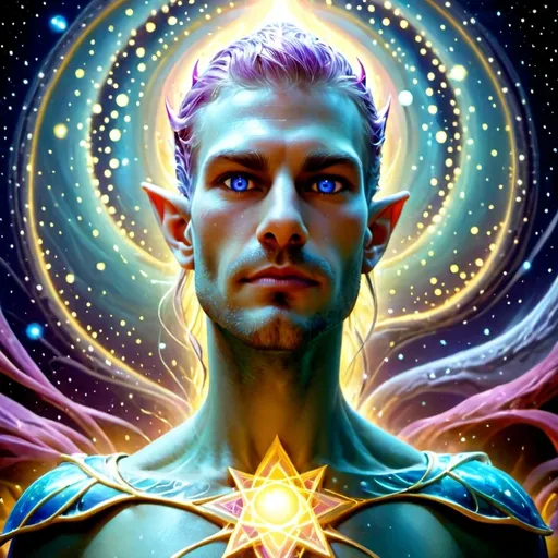 Prompt: A surreal astral dreamscape featuring a celestial elf. The elf appears as a slim, ethereal caucasian woman with long, wild, pink, very curly hair that cascades around her like a nebula. Her blue eyes shimmer with cosmic light, reflecting the infinite expanse of stars. She stands poised on a floating crystalline platform, her form glowing softly, as if illuminated by the radiant starlight of a thousand galaxies. Her attire is flowing and celestial, composed of translucent, iridescent fabrics that ripple like liquid stardust, adorned with glowing runes and constellations.

The background is a vast astral sea: swirling galaxies, luminous nebulae, and shimmering auroras in hues of deep indigo, violet, magenta, and gold. Fractal patterns twist and spiral across the scene, evoking the feeling of an infinite, interconnected cosmos. Tiny, glowing motes of light drift through the air like fireflies, adding to the dreamlike atmosphere.

The style is a retro-futuristic psychedelic collage with an analog finish, reminiscent of the works of Alex Grey and Roger Dean but with a softer, more ethereal touch. The color palette is vibrant yet harmonious, dominated by cosmic blues, radiant pinks, and shimmering golds, with accents of deep black to ground the scene. The outlines are soft and fluid, blending seamlessly into the surrounding environment, while the lighting is radiant and otherworldly, casting a gentle glow over the elf and her surroundings. The mood is serene, mystical, and awe-inspiring, capturing the wonder of the astral plane.