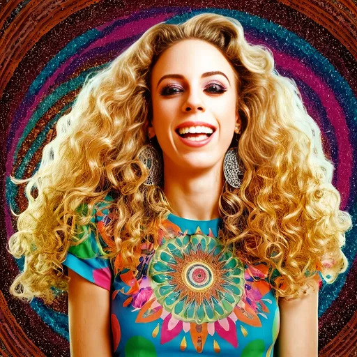 Prompt: Photorealistic image of a beautiful girl with long, curly blond hair, wearing avant-garde fashion inspired by 1960s mod psychedelic poster art illustrations, high-quality, photorealism, detailed hair, retro fashion, colorful psychedelic patterns, intricate designs, stunning portrait, vibrant colors, lifelike rendering, realistic lighting, high-res, detailed textures, expressive eyes