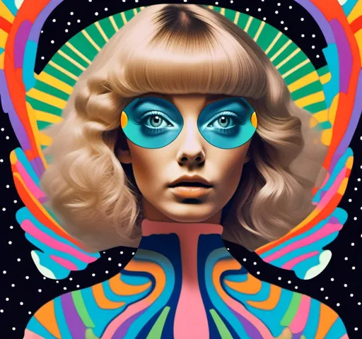 Prompt: a psychedelic collage reminiscent of 70s psychedelic sci fi collage artwork celebrating a girl on mushrooms. It is to feature a photograph of a woman with blond curly hair that is edited by splicing it with other images from photographs, magazines, newspapers, illustrations/paintings to create the impression she is high on magic mushrooms. The work will include such elements as a psychedelic 3rd eye open, stars and planets, trippy optical illusions and patterns, psilocybin cubensis mushrooms, fractals, UFOs, aliens, geometric shapes, auras, rainbow spectrums, sacred geometry, trippy drippy stuff, psychedelic hallucinations, open eyes, landscapes of astral worlds<mymodel>