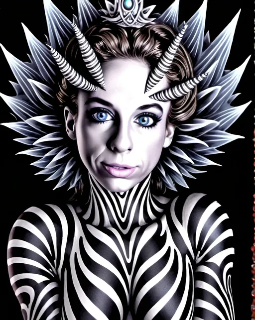 Prompt:  
"A surreal, hyperrealistic depiction of a cosmic, otherworldly female entity embodying the essence of psychedelic energy and divine symmetry. Her skin is a seamless blend of black-and-white zebra-like stripes, glowing with an iridescent, rainbow sheen that reflects light like liquid chrome. Her head is adorned with a crown-like eruption of vibrant, pulsating fractal flames that radiate every color of the spectrum, forming hypnotic patterns that seem alive. Embedded within her forehead is a glowing third eye, surrounded by intricate, kaleidoscopic designs that spiral outward in endless fractals, symbolizing heightened perception and cosmic awareness.  

Her face and body are adorned with mesmerizing, fluid optical illusions that bend and warp reality, creating the sensation of movement even in stillness. Her piercing blue eyes stare directly into the soul, exuding both wisdom and mystery, while her lips shimmer with a holographic glow, as if reflecting the secrets of the universe.  

The background is a vortex of concentric black-and-white spirals that draw the viewer’s gaze inward, creating a sense of infinite depth and connection to the void. Her hands, delicately posed near her face, are extensions of her ethereal form, their striped and rainbow hues blending seamlessly into her surreal figure.  

This divine entity is a manifestation of cosmic energy, a living embodiment of the psychedelic experience, radiating beauty, power, and transcendence. The scene is illuminated with soft, glowing light that enhances the hyperrealistic textures and colors, immersing the viewer in a dreamlike, otherworldly atmosphere."

---
