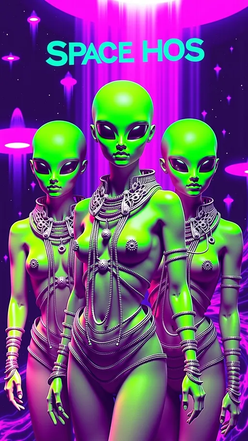 Prompt: **Space Hos - AI Art Prompt**

Create a totally glitched out artwork featuring the phrase "Space Hos" in a bold, sassy, girly futuristic tech font. The scene is populated by multiple striking green-skinned alien females, with bald conical shaped heads and large solid black almond shaped eyes, exuding attitude and confidence. They are dressed in avant-garde high fashion with a futuristic edge, showcasing an array of intricate accessories that highlight their alien allure.

Each alien boasts a slightly conical-shaped bald head and large, almond-shaped black eyes, adding to their enigmatic charm. They pose with sass and poise, making a statement in the cosmic landscape.

Incorporate a vibrant UFO in the background, teeming with colorful lights that illuminate the scene. The setting is a bustling outer space landscape, complete with an alien planet, swirling asteroids, and cosmic phenomena. Alien glyphs are seamlessly integrated into the design, adding a mysterious layer.

The entire composition is busy and detailed, with every inch filled with tiny elements that captivate the viewer's attention. From the smallest star to the grandest asteroid, the scene is a masterpiece of cosmic chaos and extraterrestrial elegance. Finish it off with lots of different types of computer glitches/noise/data/computer screen effects