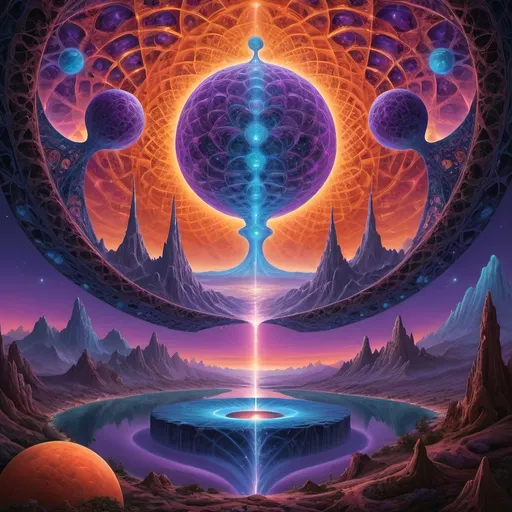 Prompt: the DMT realm. a fractal geometry realm, patterns morphing into intricate entities, pulsating with life. These shapes, entities, pulse with colors beyond the known spectrum—hues more vivid than dreams, shimmering in an endless kaleidoscope. Deeper, colossal, otherworldly alien noneuclidean ineffible landscapes stretch beyond the horizon, defying physics. Floating islands w/ neon psychedelic life, landscapes breathe / undulate to an unseen rhythm. The sky transitions from deep purples to fiery oranges and electric blues, illuminating the surreal glow. beings of pure energy/ light, entities communicating through emotions, transmitting messages of love, unity, interconnectedness. forms shift from geometric patterns to human-like figures, radiating benevolence / wisdom. a dimension where time bends/ space expands reveals the intricate web of life connecting us all. a world of ineffible beauty, exploring consciousness/ universal mysteries.