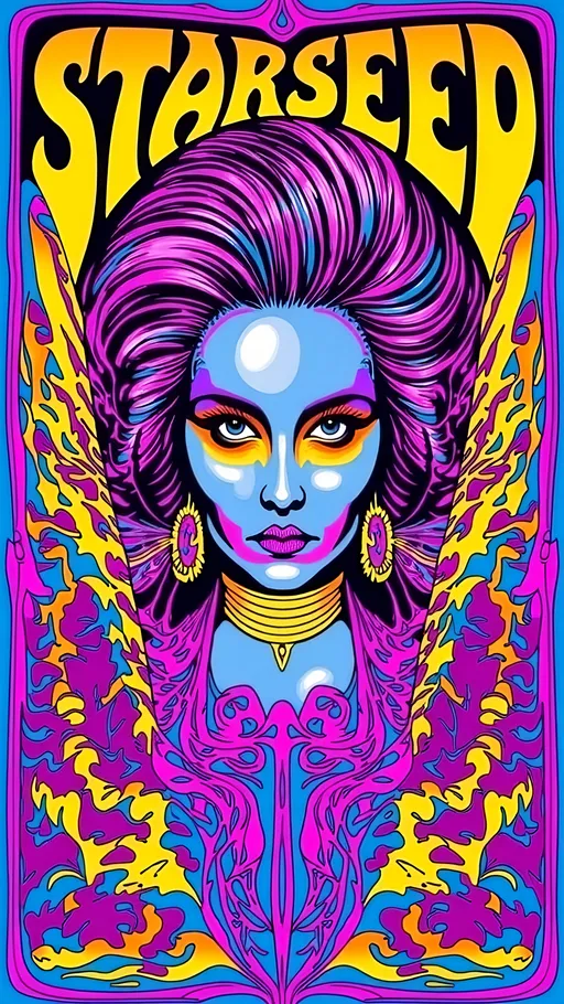 Prompt: Text - STARSEED - in a cursive hand drawn decorative art nouveau organic script style- Design 3 color a pop art nouveau t-shirt featuring a Lisa Frank-inspired 80s glam futuristic alien woman, limited to four vibrant colors. The central figure should be an alien woman with a classic 'gray' alien appearance—big pointed head and large almond-shaped solid colored dark shining eyes—styled with glamorous 80s fashion elements. Use bright, bold colors typical of Lisa Frank, incorporating metallic and neon hues to emphasize the futuristic theme. Surround her with whimsical elements like stars, planets, galaxies, and UFOs, all infused with a pop art nouveau flair. Add details such as sparkling jewelry, bold makeup, and flowing hair, reminiscent of 80s glam. The design should be eye-catching and energetic, blending the playful essence of Lisa Frank with the elegance of art nouveau, perfect for a standout t-shirt.