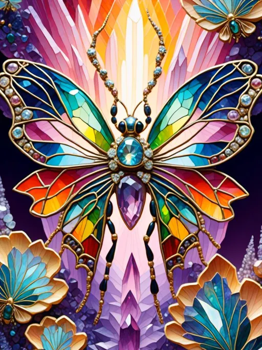 Prompt: <mymodel>Crystal and gemstone insects and spiders, vibrant and iridescent colors, high quality, detailed, 3D rendering, fantasy, mystical lighting, intricate patterns, shimmering wings and exoskeletons, sparkling gemstone eyes, magical, vivid, surreal, jewel-toned, glowing, ethereal ambiance