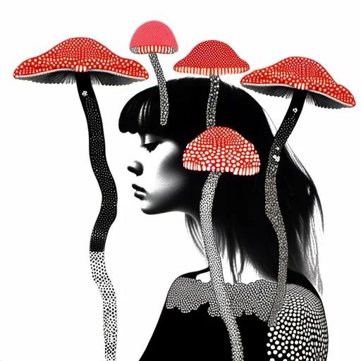 Prompt: a mixed media collage of a girl wearing or growing mushrooms/fungus as clothing body parts and accessories. She is a black and white or halftone photograph, the mushrooms and fungal growths are to be mixed media, including but not limited to paint, enamel, foils, glitter, sparkle, sequins, found objects, natural items, rhinestones etc <mymodel>