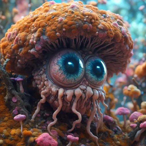 Prompt: <mymodel> an extremely hyper realistic super textural sentient monster mushroom fungus with eyes, brain, teeth, fungus entity/creature with lots of crazy psychedelic human eyes, human teeth,  psilocybe cubensis, shrooms, fungi, mycelium,  luminous, glowing, bioluminescent, extremely textural, 