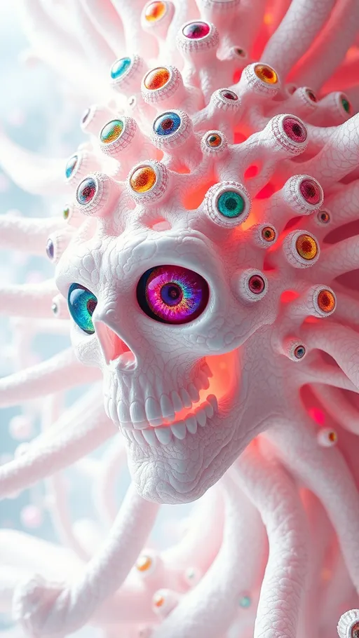 Prompt: an extremely hyper realistic ultra super textural weird trippy surreal psychedelic entity, gyroid structures, Pascal's Triangle, white, translucent, clear, bright bright pastel colors, oil slick rainbow sheen effect, lots and lots of light, lots of crazy colorful compound psychedelic human eyes, rows of human teeth, fungus, atoms, diatoms, gyroid structures, Pascal's Triangle