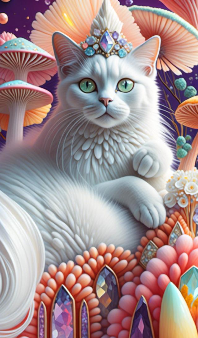 Prompt: <mymodel>White cat princess with flowers and mushrooms, digital painting, pastel colors, fantasy, detailed fur with soft highlights, elegant and regal posture, magical forest setting, high quality, fantasy, digital painting, pastel colors, princess, elegant, detailed fur, magical, regal, flowers, mushrooms, fantasy setting, high quality