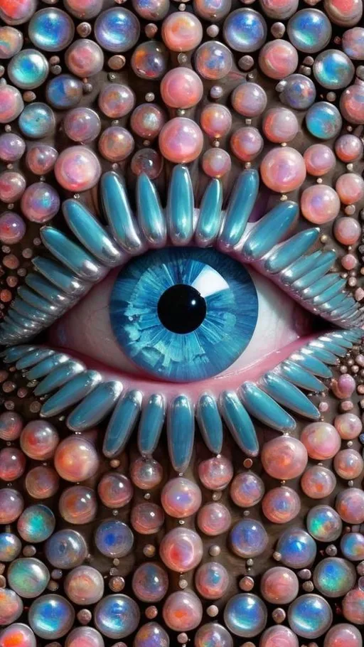 Prompt: Create an extremely hyper-realistic, ultra super textural, weird, trippy, surreal, psychedelic eyes/teeth/mouth pattern/design based on Mandelbrot & “Op Art tiling” with lots of human eyes (crazy colorful compound psychedelic), rows of human teeth, human lips, and tongues. 

- **Colors**: determined by the properties and expressions of the elements (& their isotopes), minerals, and metals: opal, moonstone, Kunzite, selenite, rose quartz, Platinum (Pt)

**Shapes and forms**
- Mandelbrot 
- "Op Art tiling" 
-other shapes determined by the natural properties and expressions of the elements (& their isotopes), minerals, metals, and biological organisms: opal, moonstone, Kunzite, selenite, rose quartz,  Platinum (Pt)


- **Textures**: Derived from any/all elements (& their isotopes), minerals, metals, crystals, organic things mentioned in this prompt: opal, moonstone, Kunzite, selenite, rose quartz, Platinum (Pt)

**Composition and Layout**:
- a pattern/design based on the Op Art tiling & Mandelbrot 

**Lighting**:
- lots of bright light
- Iridescence
- Aventurescence
- Chatoyancy
- Asterism

**Detail and Atmosphere**:
- Extreme hyperrealistic sharp high detail high definition organic and mineral textures
- Psychedelic, weird, odd, surreal atmosphere
- Frozen in time

**Additional Elements**:
- extra rows of teeth, lips, many eyes, Op Art tiling, Mandelbrot, Iridescence
