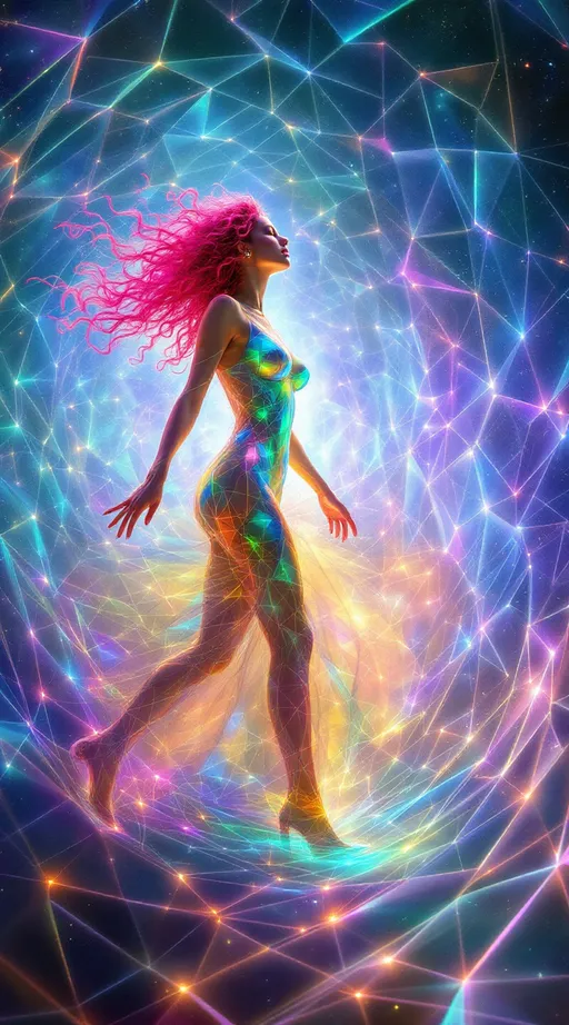 Prompt: In the astral geometry realm—where space folds and breathes through sacred systems—two beings move as living expressions of math itself. The field around them is made from Tessellotic Pulse Modulation—a vast, glowing lattice of shifting light-tiles—and Harmonic Fold Convergence, where translucent dimensional membranes curve inward in sacred rhythm. Through these foldings, bursts of Fractal Vector Bloom arc and weave like glowing calligraphy. And through all of it walk two waveform entities—not separate from the math, but built from it.

The first—a white woman, 5’4”, slim, wild neon-pink curly hair—is made entirely of shimmering, refractive facets (APS). Her body forms from ever-shifting anisohedral planes, no two alike, constantly adjusting their angles to refract new bursts of rainbow light. Her hair is made of vector filaments, spiraling in Lissajous curves, trailing glowing signatures through folded space. With each movement, she distorts the TPM lattice beneath her—causing radiant pulse-tiles to ripple outward. Her breath folds space into harmonic membranes (HFC); her laugh sends FVB threads spiraling into fresh geometry. She is radiant entropy—the HaHahedron walking.

Near her moves a tall man, 6’1”, lean muscular, short blondish hair, brilliant blue eyes—his form forged from dense nested toroids, symmetrical golden arcs, and prismatic dark crystal facets. His body emits stabilizing pulse patterns, drawing the surrounding fold-fields into coherence. His geometry is slower, more precise—deep sapphire recursion threaded with soft white harmonic light. He does not follow—he synchronizes. He orbits her bloom like an attractor—anchoring the waveform without stilling it.

They don’t walk the realm. They are the astral math expressing itself as movement, color, and convergence.