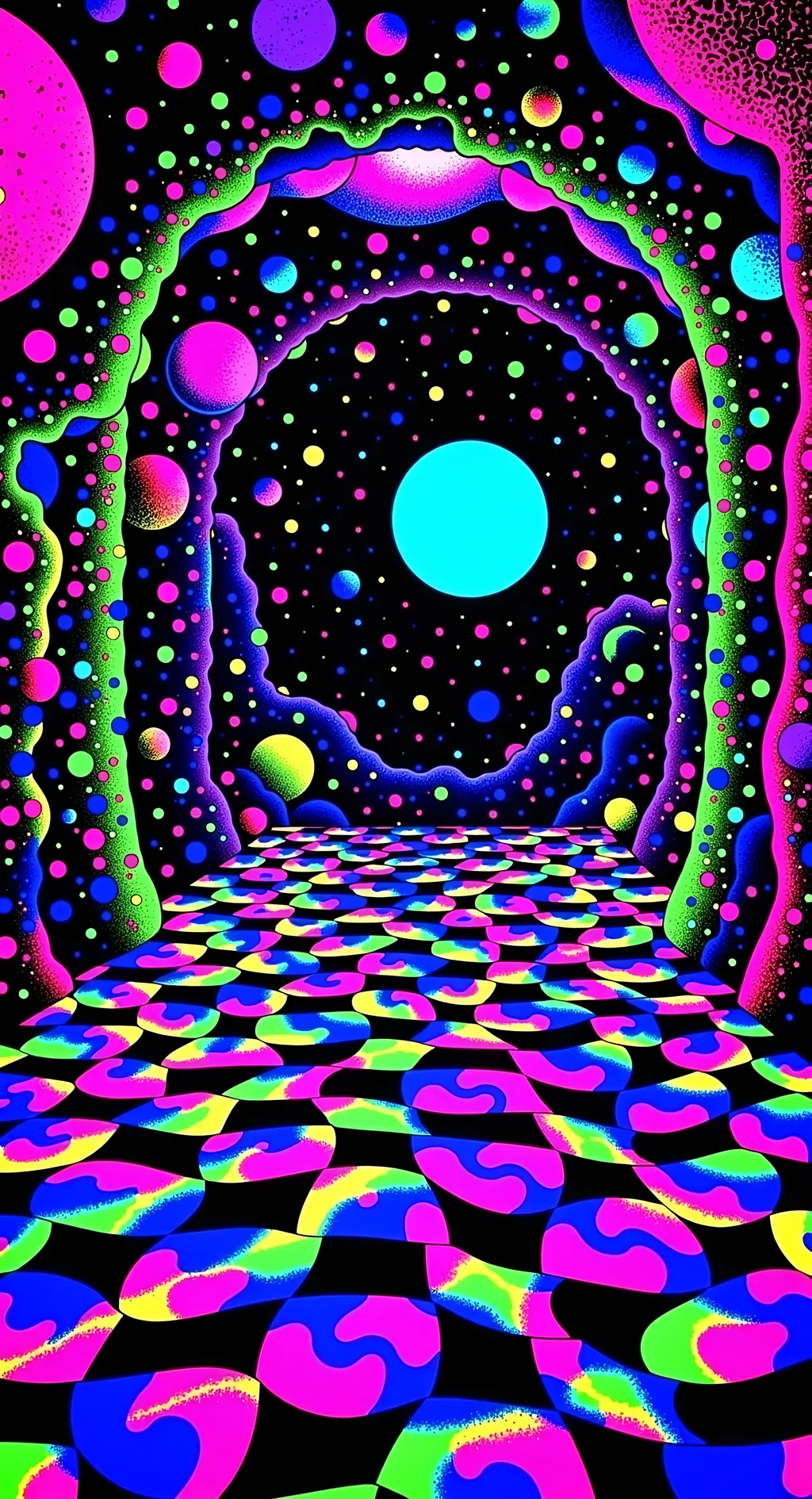 Prompt: Imagine a 3D space that feels like a surreal, cosmic room. The floor is a mesmerizing op art pattern, reminiscent of Escher's impossible geometry, drawing the eye into infinity. This ground level is alive with fractal mathematics, creating a sense of endless depth and complexity.

The walls of this room are formed by a delicate lattice of microscopic structures, showcasing the intricate beauty of diatoms and radiolarians. These microscopic choices are woven together with the organic textures of mold and lichen, giving the space a living, breathing quality that speaks to the interconnectedness of life.


This cosmic room is further enriched by elements of copper and gold, their warm hues contrasting with the cool blues and silvers of the space. The air is filled with a sense of quantum possibilities, where particles dance in a state of superposition, creating an atmosphere of wonder and curiosity.

---

I hope this prompt gives you the inspiration you need to create a truly unique and captivating scene! If you want me to whip up an image from this prompt, just say the word!