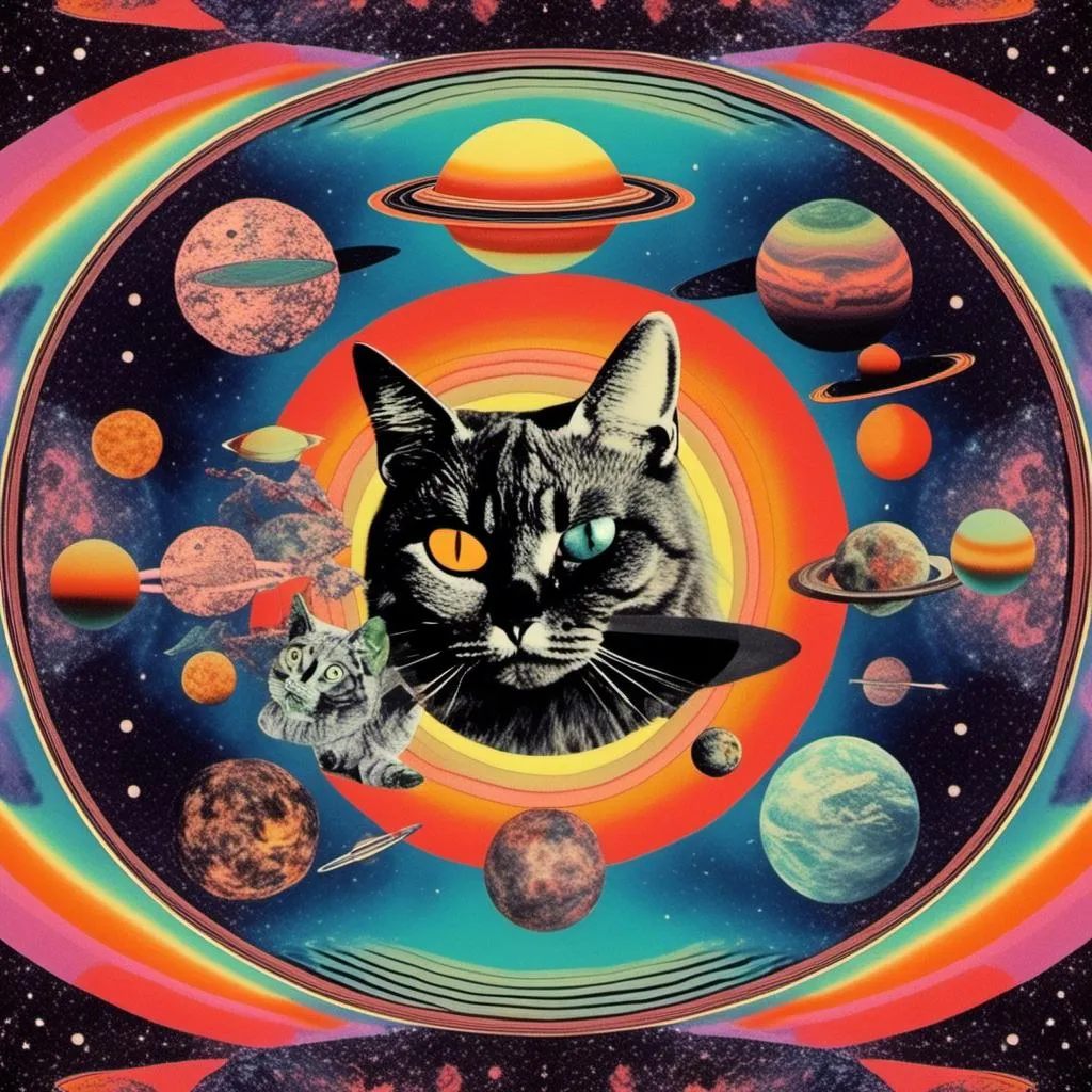 Prompt: a psychedelic collage with a vintage 70s sci-fi animation feel to it except the subject matter will be CATS IN SPACE! The collage will have elements of photography, illustration, trippy patterns and optical illusions, alien landscapes, strange trippy planets, UFOs,, meteors, all cut and spliced together in a psychedelic collage style <mymodel>