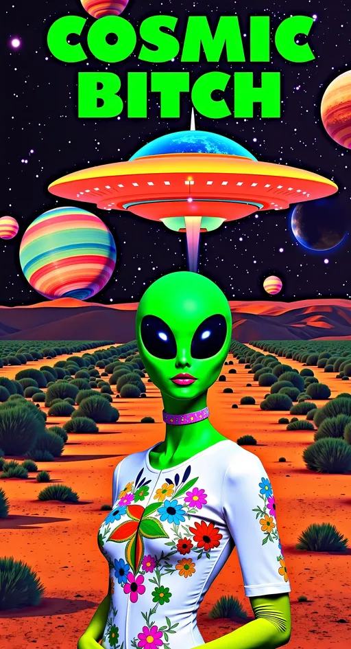 Prompt: **Cosmic Bitch - AI Art Prompt**

Create an artwork featuring the phrase "Cosmic Bitch" in a bold, sassy, girly futuristic tech font. The centerpiece is a stunning green-skinned alien female with a large somewhat conical shaped bald head & large solid black almond shaped eyes, exuding sass and confidence, dressed in avant-garde high fashion with a futuristic twist. Her ensemble is adorned with intricate accessories that scream alien chic.

Incorporate a vibrant UFO hovering in the scene, brimming with colorful lights that dance across the canvas. The background is a bustling outer space landscape, complete with an alien planet, swirling asteroids, and cosmic wonders. Alien glyphs are subtly woven into the design, adding an enigmatic touch.

The entire scene is a whirlwind of activity, filled with intricate details that draw the eye to every corner. From the tiniest star to the grandest asteroid, let no space go unadorned. The result is a masterpiece of cosmic chaos and extraterrestrial elegance.

Now, go forth and let your AI art creation shine in all its interstellar glory! 🌌👽✨