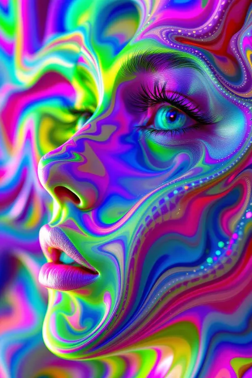 Prompt: A hyper-stylized female face tessellated through recursive logic, unfolded across a non-Euclidean manifold. Her features form spatial paradoxes—eyes as limit cycles orbiting strange attractors, lips drawn along geodesics in negative curvature, cheekbones rippling through warped Hilbert folds. The face is embedded in a dual-phase lattice: the Fractal Memory Field and the Chromaflux Constraint Net. Harsh rainbow lighting fractures across every contour, with harsh sparkles diffracting through dimensional folds. Tiling patterns and tessellations propagate along curved hypersurfaces—nested Penrose tiles, hyperbolic grids, and aperiodic spirals—woven into a Klein-braid of iridescent syntax. Color does not blend but diffracts—looping through auroral filaments and spectral braid-knots across the fractal mesh. Each recursion modulates both form and chroma-phase: a toroidal veil folding into Möbius arcs, recursive torques embedding glyphs into self-referencing hyperspace. Her expression flickers—a symbolic attractor encoded on a Riemann-folded visage. Maximalist, ultra-bright, recursively warped, spatially non-orientable—a consciousness sculpted in chaotic feedback, suspended in chromatic topology.”