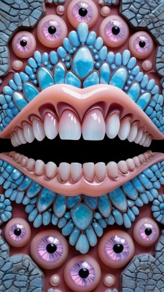 Prompt: Create an extremely hyper-realistic, ultra super textural, weird, trippy, surreal, psychedelic eyes/teeth/mouth pattern/design based on Mandelbrot & “Op Art tiling” with lots of human eyes (crazy colorful compound psychedelic), rows of human teeth, human lips, and tongues. 

- **Colors**: determined by the properties and expressions of the elements (& their isotopes), minerals, and metals: opal, moonstone, Kunzite, selenite, rose quartz, Platinum (Pt)

**Shapes and forms**
- Mandelbrot 
- "Op Art tiling" 
-other shapes determined by the natural properties and expressions of the elements (& their isotopes), minerals, metals, and biological organisms: opal, moonstone, Kunzite, selenite, rose quartz,  Platinum (Pt)


- **Textures**: Derived from any/all elements (& their isotopes), minerals, metals, crystals, organic things mentioned in this prompt: opal, moonstone, Kunzite, selenite, rose quartz, Platinum (Pt)

**Composition and Layout**:
- a pattern/design based on the Op Art tiling & Mandelbrot 

**Lighting**:
- lots of bright light
- Iridescence
- Aventurescence
- Chatoyancy
- Asterism

**Detail and Atmosphere**:
- Extreme hyperrealistic sharp high detail high definition organic and mineral textures
- Psychedelic, weird, odd, surreal atmosphere
- Frozen in time

**Additional Elements**:
- extra rows of teeth, lips, many eyes, Op Art tiling, Mandelbrot, Iridescence
